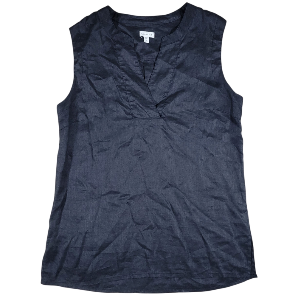 Garnet Hill Linen Tank Top Womens 12 Black V-Neck Sleeveless Tunic Casual Summer